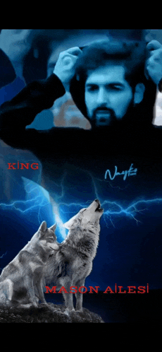 a man with a beard is standing next to a wolf with the words king mason alesi on the bottom