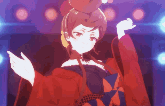 a girl in a red and black dress is dancing