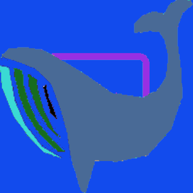 a purple whale with a blue tail is on a green screen