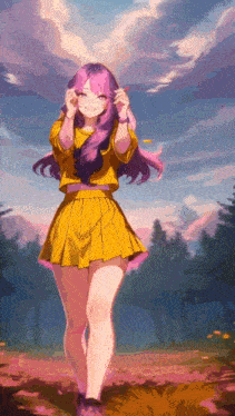 a girl with purple hair is wearing a yellow skirt and a yellow shirt .