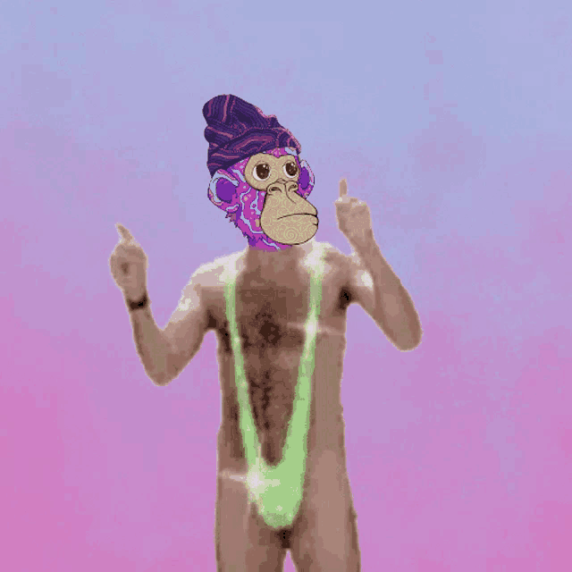 a naked man with a monkey face on his head and a green string around his neck