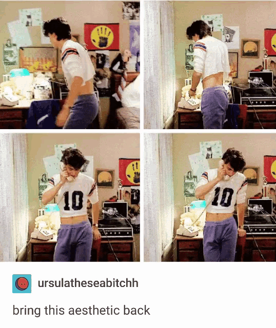 a man wearing a crop top with the number 10 on it talks on a phone