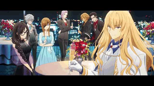 a group of anime characters standing around a table