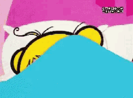 a cartoon character laying in bed with a blue blanket