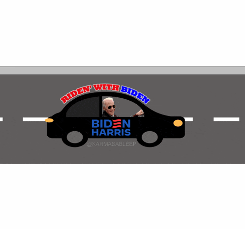 a cartoon of biden driving a car that says ride with biden