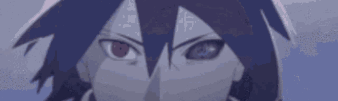 a close up of a person 's face with the word tsukiyomi written in white letters on a blue background .