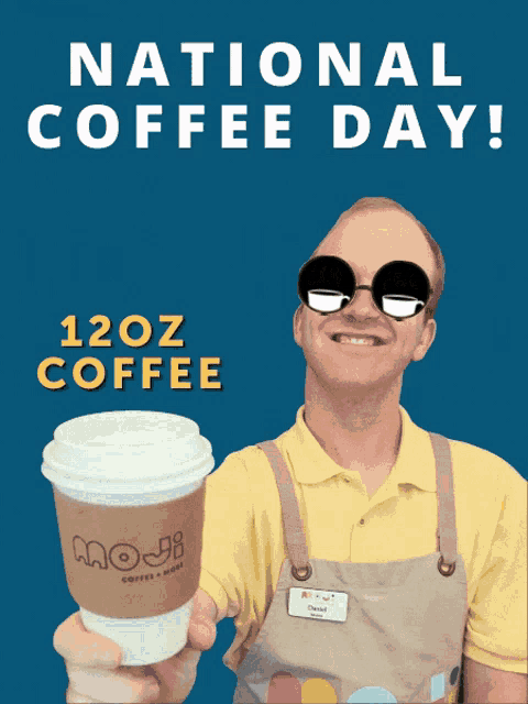 a man wearing sunglasses is holding up a cup of coffee that says 12oz coffee