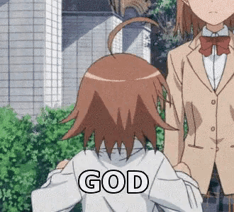 a girl in a school uniform is standing next to another girl with the word god on her back