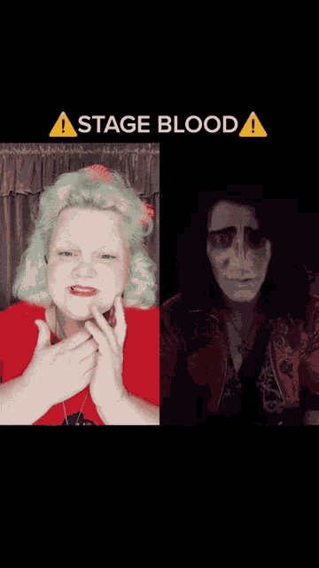a woman in a red shirt is next to a man in a red jacket with stage blood written on it