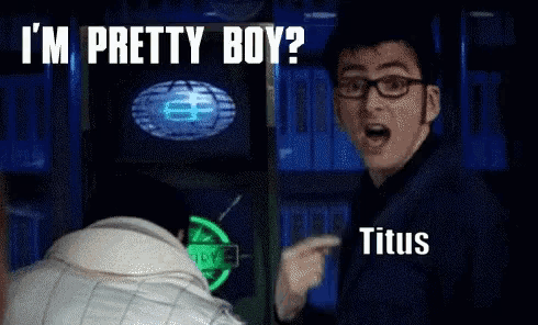 a man with glasses is pointing at another man and says i 'm pretty boy ?