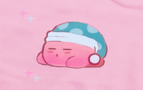 a pink cartoon character wearing a blue hat is sleeping on a pink surface