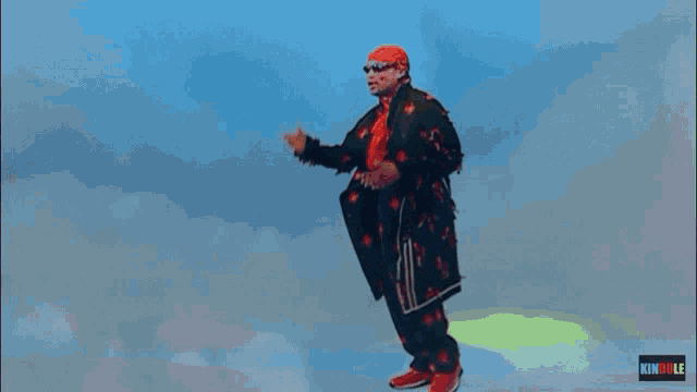 a man in a black coat with red flowers on it is standing in front of a blue sky ..