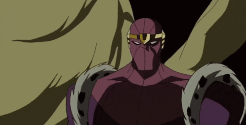 a cartoon drawing of a purple superhero with a gold u on his head