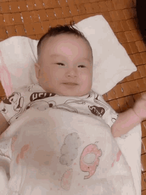 a baby is laying on a blanket with an elephant on it 's shirt