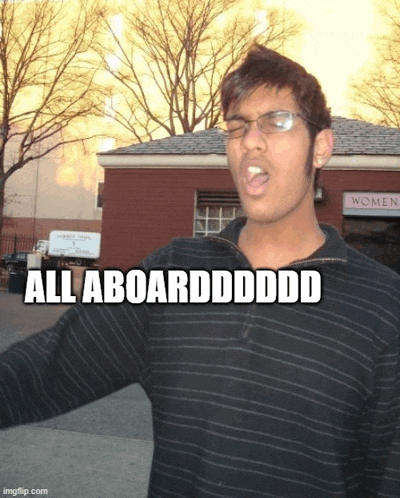 a man standing in front of a women 's store says all aboarddddd
