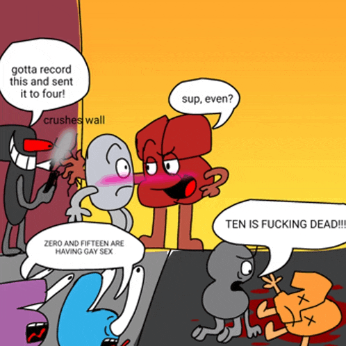 a group of cartoon characters with speech bubbles including one that says " ten is fucking dead "
