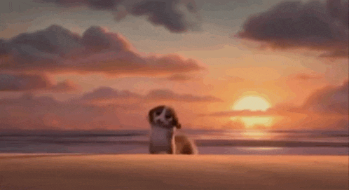 a cartoon monkey is walking on the beach at sunset .