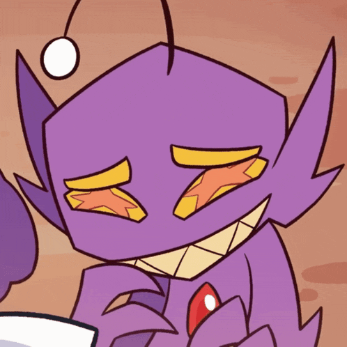 a cartoon drawing of a purple monster with a yellow eye