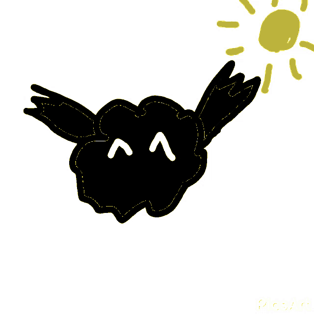 a drawing of a cloud with a face and a yellow sun in the background