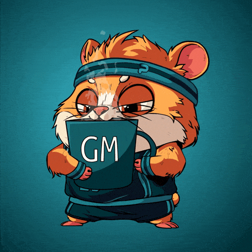 a hamster wearing a headband is holding a cup with gm written on it