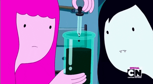 two cartoon characters are standing next to each other and one of them is holding a beaker of liquid .