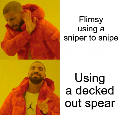 a man in an orange jacket says flimsy using a sniper to snipe using a decked out spear