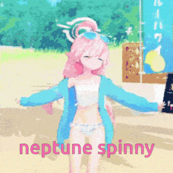a girl with pink hair is wearing sunglasses and the word neptune spinny is on the bottom