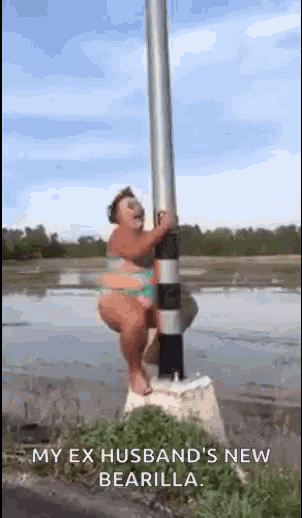 a woman in a bikini is hanging from a pole in the water .