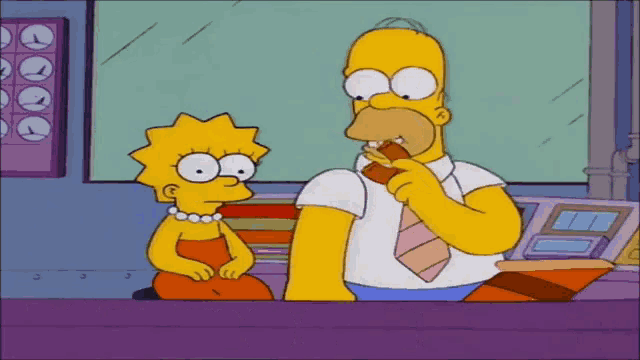 a cartoon of homer simpson eating a chocolate bar next to a girl