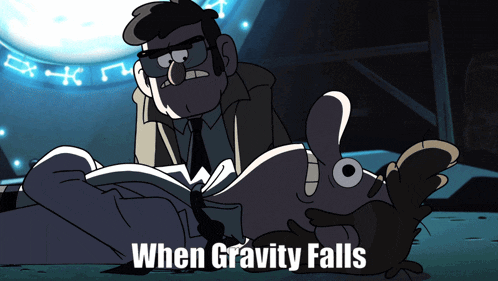 a cartoon of a man reading a book with the words " when gravity falls " on the bottom