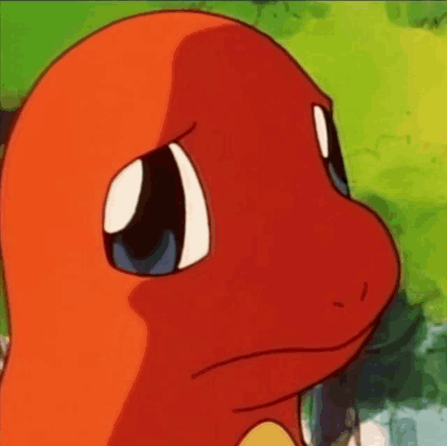a close up of a cartoon character 's face with a sad look on its face .