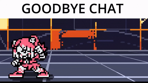 a pixel art drawing of a robot with the words goodbye chat below it