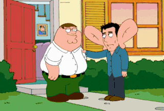 a cartoon of peter griffin talking to a man with large ears