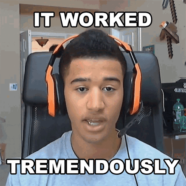 a man wearing headphones with the words it worked tremendously above him