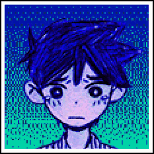 a pixel art of a boy with blue hair and a sad look on his face .