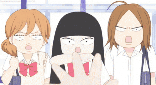 a cartoon of a girl with long black hair making a face