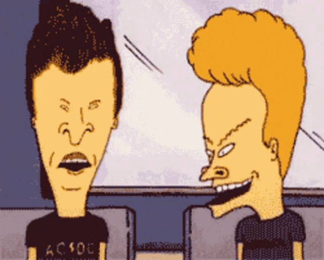 a cartoon of beavis and butthead with one wearing a black shirt that says ac/dc