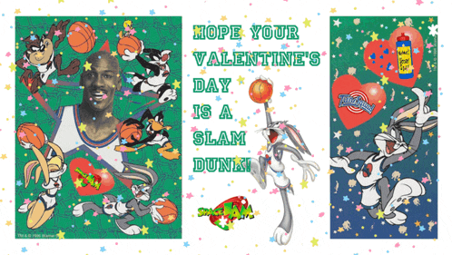 a valentine 's day greeting card featuring bugs bunny and michael jordan
