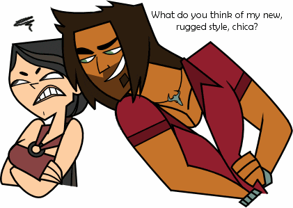 a cartoon of a man and a woman with the words what do you think of my new rugged style chica on the bottom