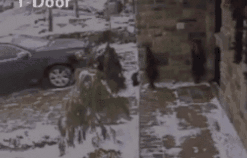 a group of people are standing on a sidewalk in front of a car in the snow .