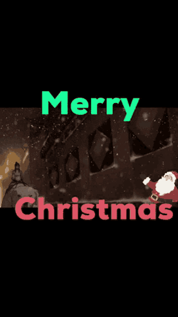 a merry christmas greeting card with a cartoon character and santa