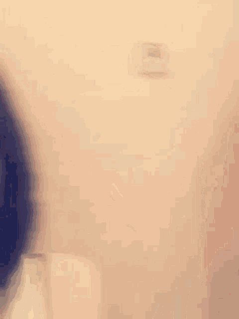 a blurry picture of a woman 's face against a beige wall