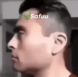 a close up of a man 's face with the name safuu written on his forehead .