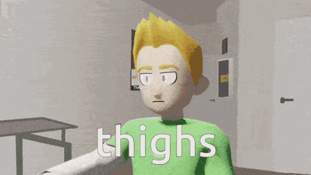 a cartoon character with the word thighs written on his shirt