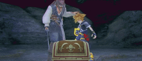 a video game character is standing next to a treasure chest with a sword in it .