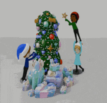 a cartoon of people decorating a christmas tree with a star