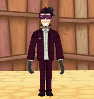 a cartoon character is wearing a purple suit and glasses