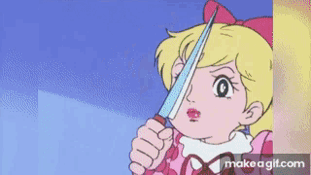 a girl in a pink dress is holding a knife in her hand .
