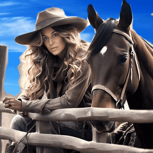 a woman in a cowboy hat leans on a fence next to a horse