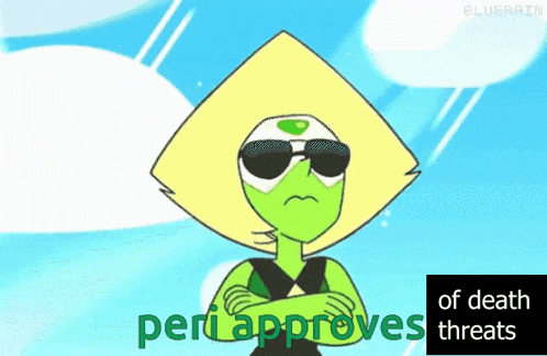 a cartoon character with sunglasses and the words " peri approves threats "